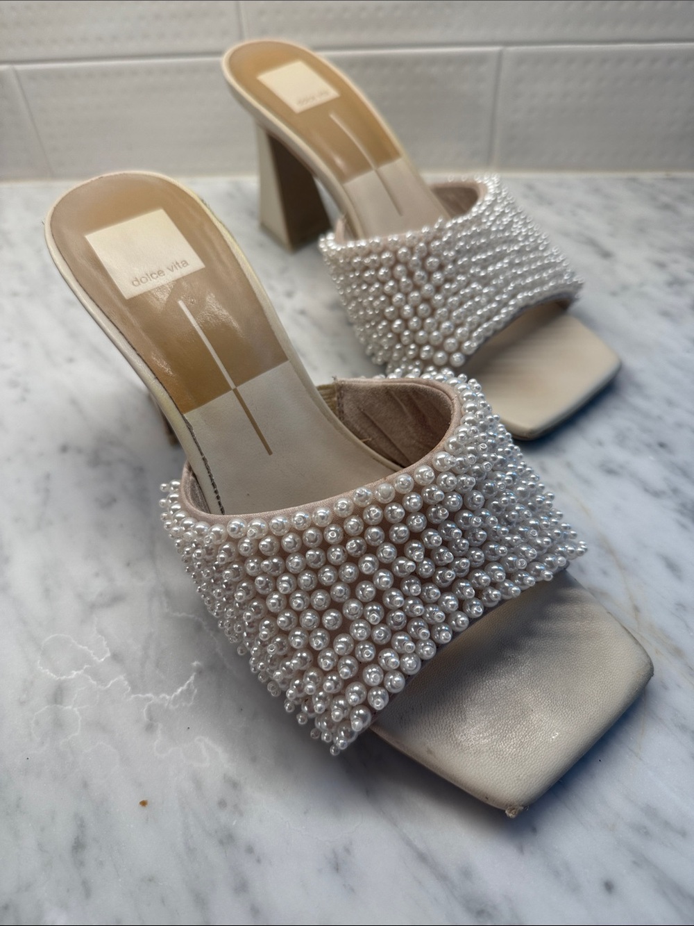Dolce Vita Ivory Pearl-Embellished Slide Sandals
